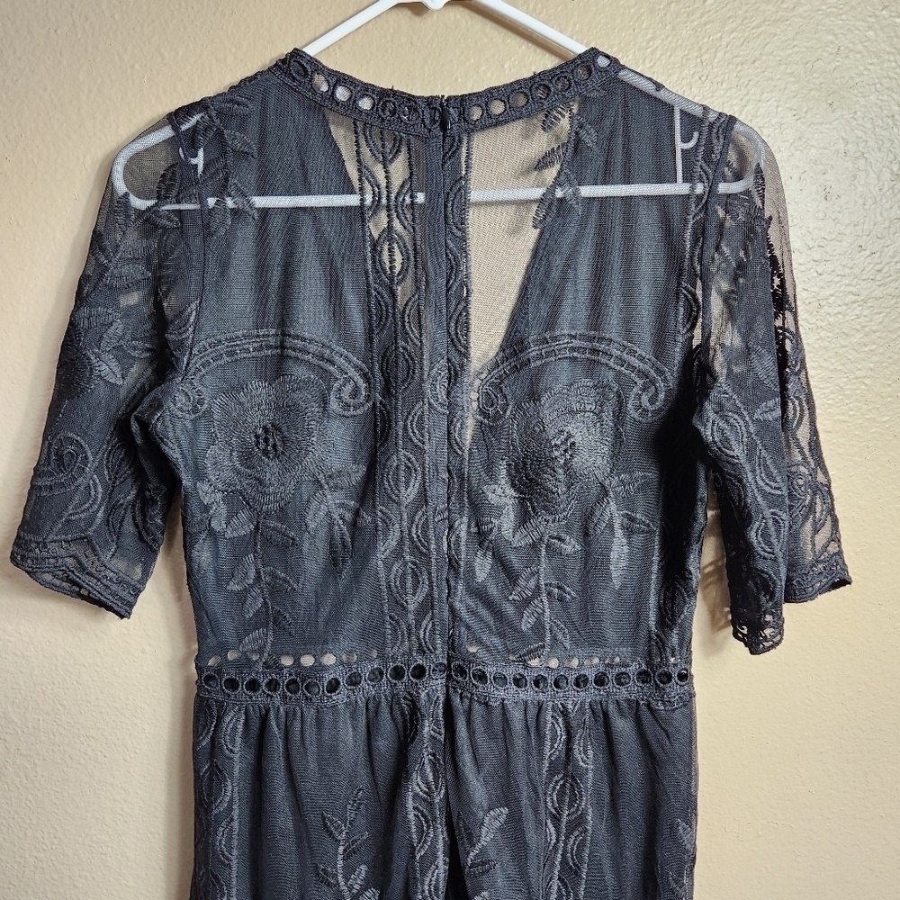 Eleter Womens Black Deep V-Neck Lace Romper Short Sleeve Long Dress-Size S - Picture 13 of 16